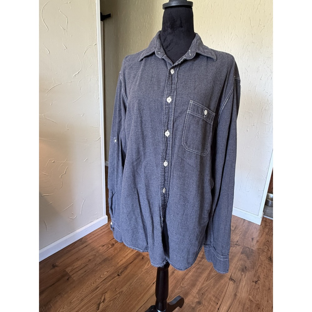 Gap‎ Womens Large Gray Heathered Denim Look Cotton Roll Tab Button Up Shirt